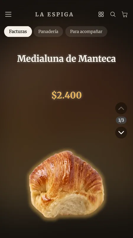 El mismo diseño Signature en una panadería, tema cálido y acento dorado
